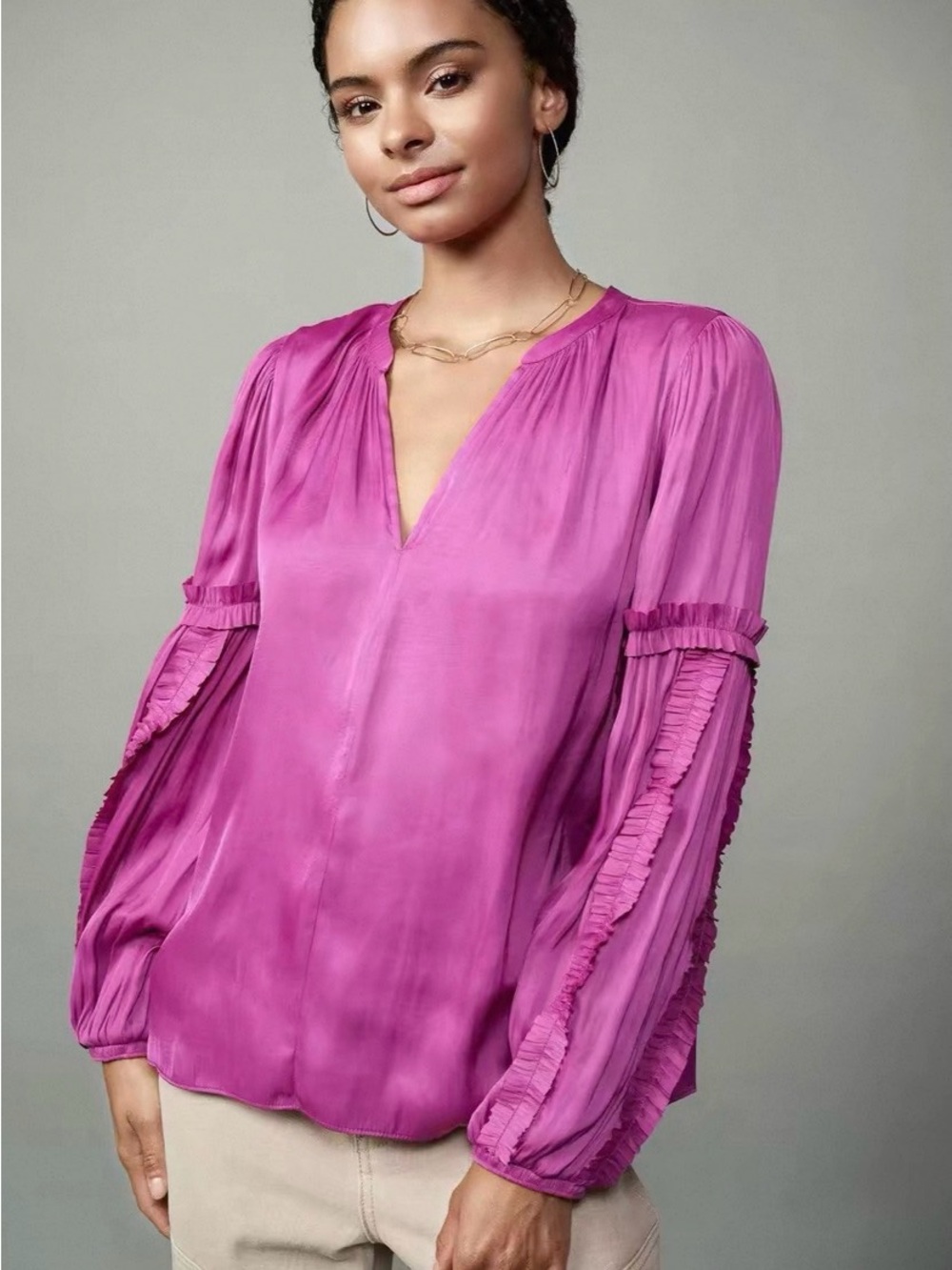 NWT Current Air Los Angeles Fuchsia Ruffle Sleeve Blouse Size L